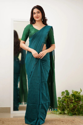 saree star Solid/Plain Handloom Cotton Blend Saree(Dark Green)