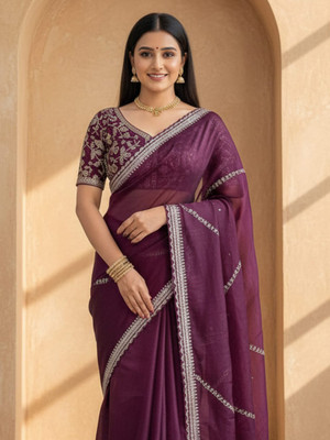 all about you Embellished Bollywood Organza Saree(Purple)