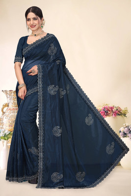 VNENTENTERPRISE Embroidered Bollywood Net Saree(Dark Blue)