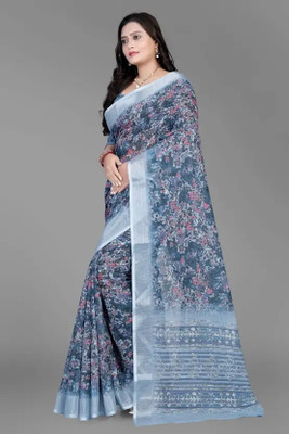 HouseOfCommon Floral Print Bollywood Cotton Linen Saree(Blue)
