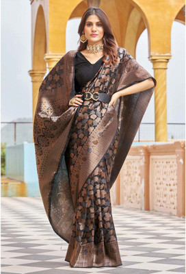 MIRMAN Striped Banarasi Pure Silk Saree(Black)
