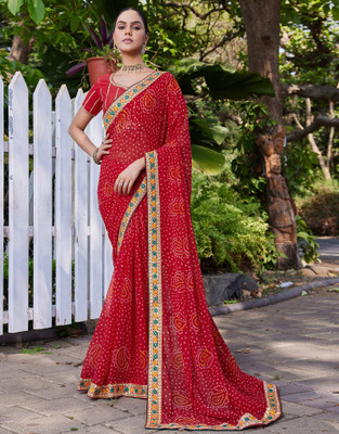 all about you Embroidered, Printed Bandhani Georgette Saree(Red)