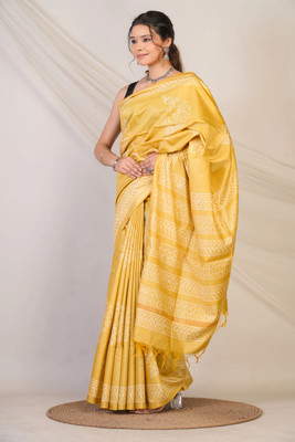 Anuttara Animal Print Bhagalpuri Cotton Silk Saree(Yellow)