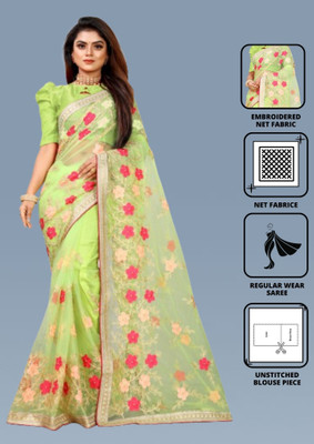 Barkiya Creation Embroidered Bollywood Net Saree(Light Green)