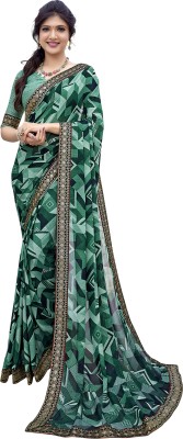 Priyashi Printed Bandhani Georgette, Lace Saree(Green)