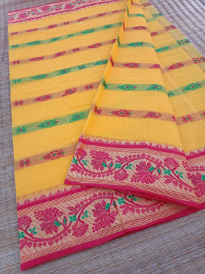 KhayaFashion Woven Tant Pure Cotton Saree(Yellow)
