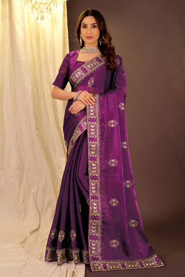 VKARAN Embroidered Saree with Attached Blouse Jimmy choo Saree(Purple)