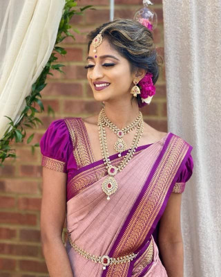 looknchoice Woven, Solid/Plain Maheshwari Cotton Silk Saree(Pink, Purple)