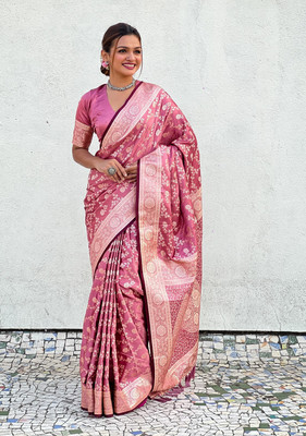 SUDIPTA Printed Banarasi Satin, Silk Blend Saree(Pack of 2, Pink, Gold)