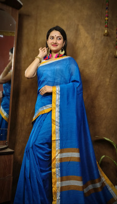 Anidipta collection Self Design Handloom Cotton Blend Saree(Light Blue)