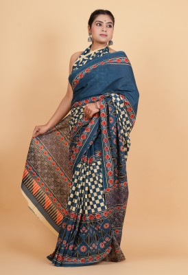 Krishna Creation Printed Handloom Pure Cotton Saree(Blue)