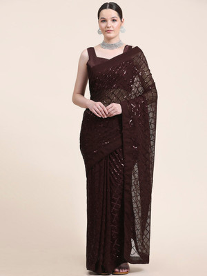 Clemira Embellished Bollywood Georgette Saree(Brown)