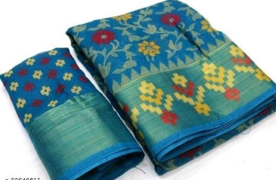 Suali Floral Print Patola Cotton Blend Saree(Light Blue)
