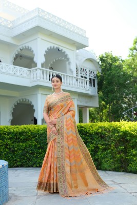 Dori Floral Print, Striped Bollywood Organza Saree(Orange)