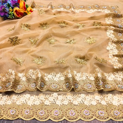 KHRITI FAB Embroidered, Floral Print Bollywood Supernet Saree(Beige)