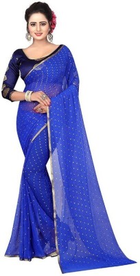 Desi Style Polka Print Bollywood Velvet, Chiffon Saree(Blue)