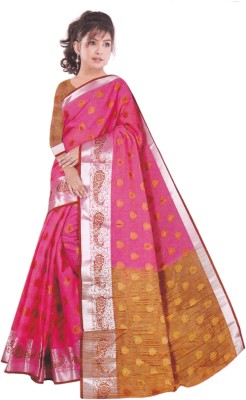 ISHA SILKS Solid/Plain Daily Wear Cotton Blend Saree(Pink)