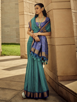 Sareemall Woven Patola Silk Blend Saree(Light Blue)