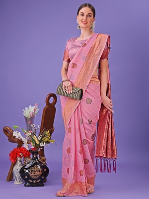 Tasrika Woven Banarasi Cotton Linen Saree(Pink)