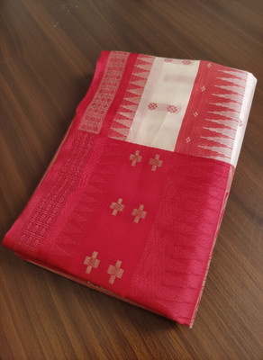 Afronza Temple Border, Striped Sambalpuri Pure Silk Saree(Cream, Red)