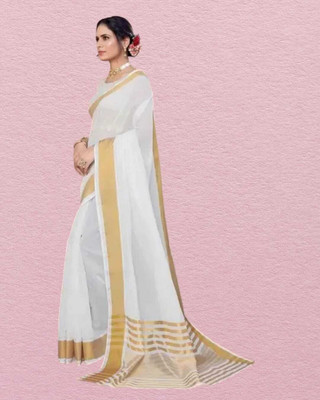 saanvi Solid/Plain Kasavu Cotton Blend Saree(White)
