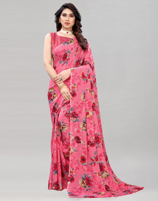 Manokamna Floral Print Bollywood Georgette Saree(Pink)