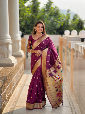 LeeliPeeri Designer Printed Paithani Cotton Silk Saree(Maroon)