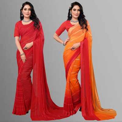 kashvi sarees Self Design Bollywood Satin Saree(Pack of 2, Yellow, Orange, Red)