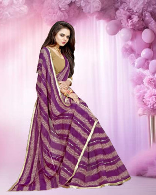 Jayu Digital Print, Embroidered, Printed, Striped Bollywood Georgette Saree(Purple)