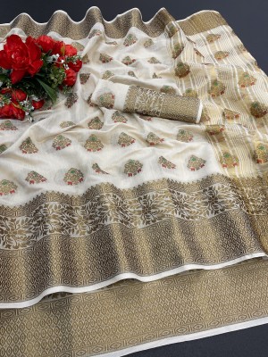 iZibra Woven Kanjivaram Pure Silk, Cotton Silk Saree(Cream)