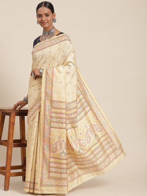 Sareemall Printed Ikkat Silk Blend Saree(Beige)