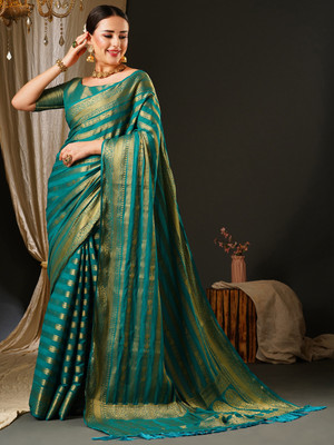 Divastri Striped, Self Design Kanjivaram Georgette Saree(Blue)