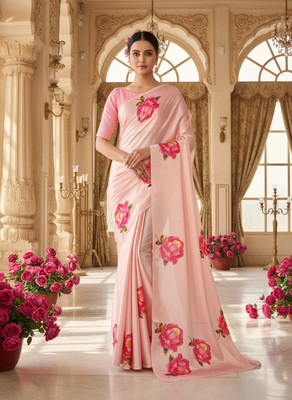 Fabian Fashion Floral Print Bollywood Satin Saree(Pink)