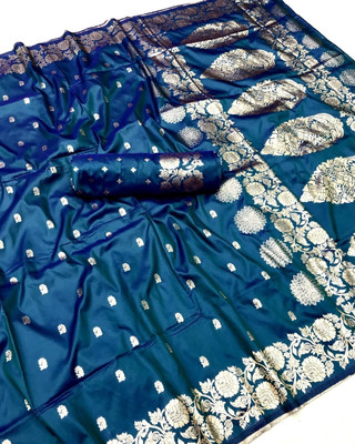 KASHTBHANJAN ETHNICWEAR Printed Banarasi Satin Saree(Blue, Orange)