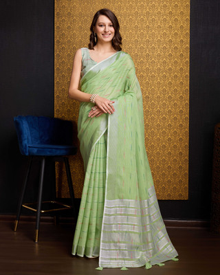 SWORNOF Printed Bollywood Linen Saree(Light Green)