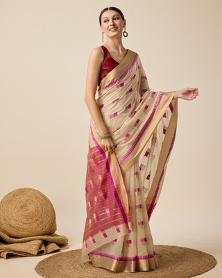 JIADIA Woven Kota Doria Cotton Silk Saree(Beige)