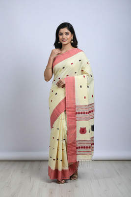 Fabloom Embroidered, Woven Handloom Khadi, Cotton Blend Saree(Cream, Red)