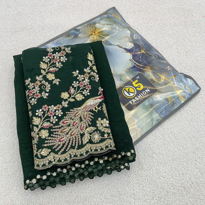 K 5 FASHION Embroidered, Solid/Plain Bollywood Tissue Saree(Dark Green)