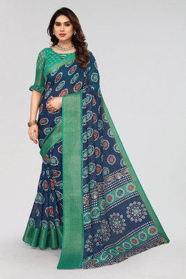 Winza Designer Geometric Print Daily Wear Cotton Blend Saree(Dark Blue)