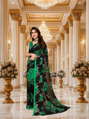 SmittenSmit Printed Bollywood Georgette Saree(Black, Green)