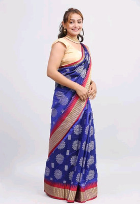 shree ambaji saree Solid/Plain, Temple Border Sambalpuri Silk Blend Saree(Blue)