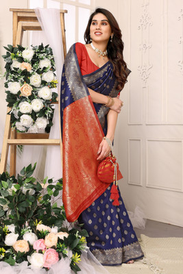 Soor Panchi Woven Banarasi Polyester Saree(Dark Blue)