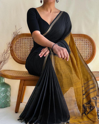 SOUMEN CREATION Self Design Bollywood Handloom Cotton Blend Saree(Black)
