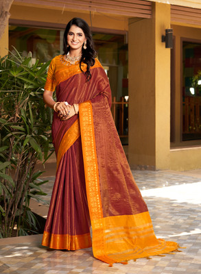 SGF11 Self Design Handloom Tissue Saree(Brown)