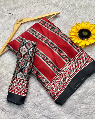 srikastbhanjan Striped, Printed Bhagalpuri Crepe Saree(Red)