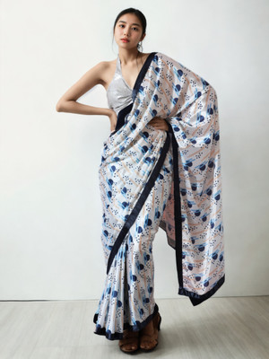 Divastri Printed Bollywood Silk Blend Saree(White, Blue)