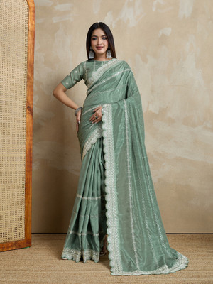Tasrika Embroidered, Embellished Bollywood Silk Blend Saree(Green)