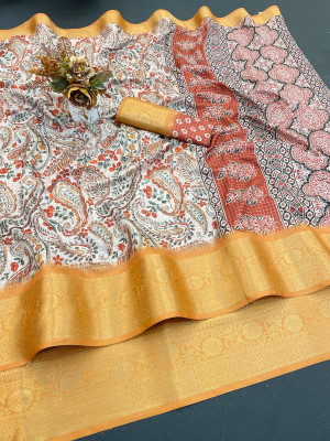 Julee Digital Print Daily Wear Art Silk Saree(White)