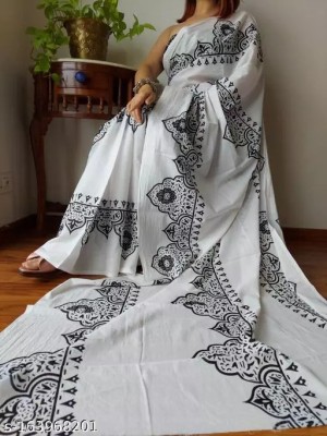 AARTI FASHION Printed Daily Wear Pure Cotton Saree(Black, White)