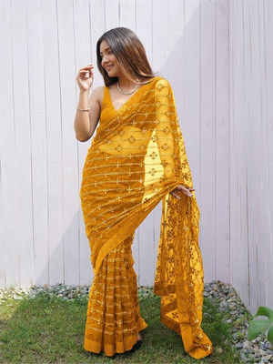 ANOUK Embellished Daily Wear Net Saree(Mustard)